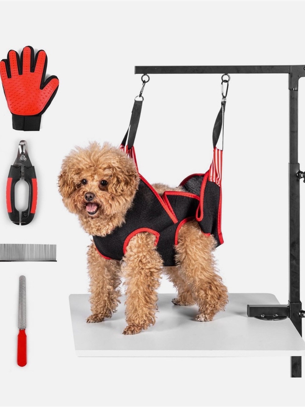 Dog Grooming Support Harness with Red Trim - Adjustable Pet Lift